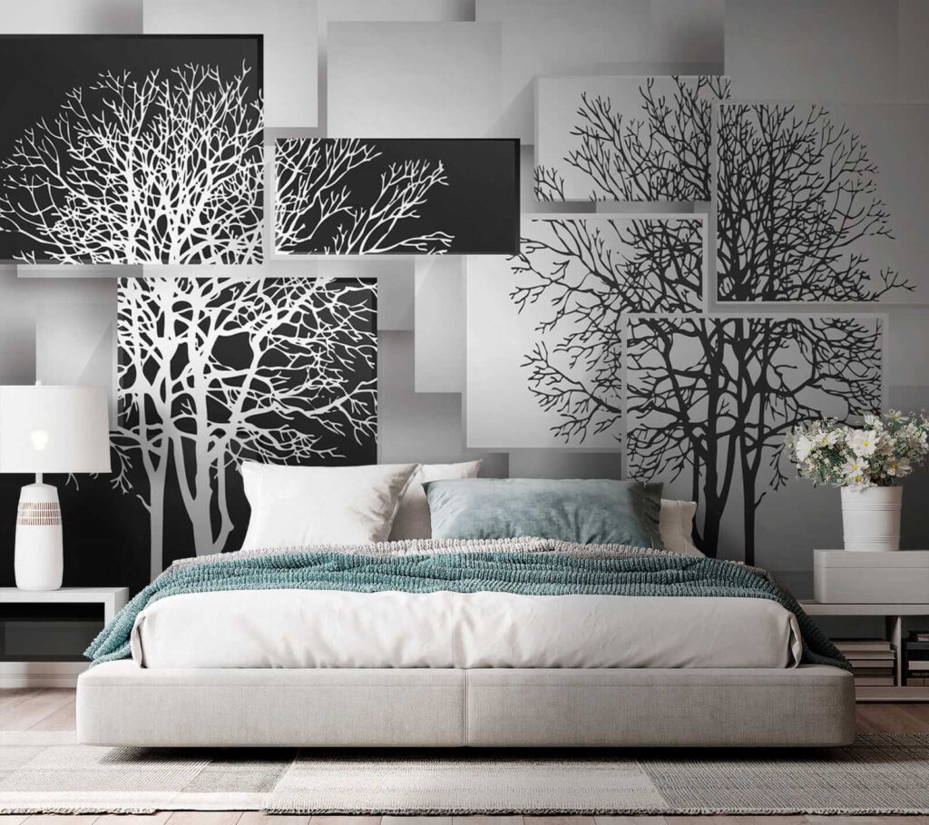 Group of black and white squares with trees on them