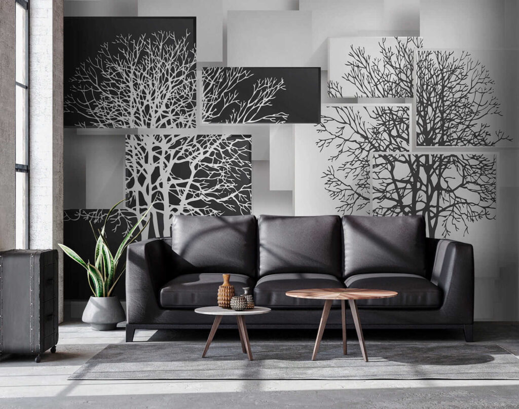 Group of black and white squares with trees on them