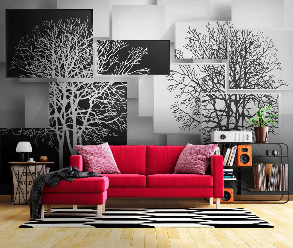 Group of black and white squares with trees on them