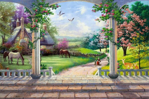 Pintura de uma paisagem com um cavalo e uma casa Pintura de uma paisagem com um cavalo e uma casa