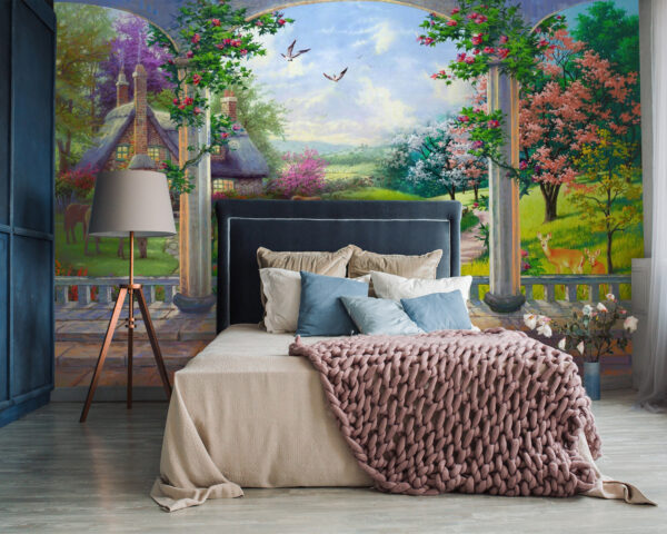 Pintura de uma paisagem com um cavalo e uma casa Pintura de uma paisagem com um cavalo e uma casa