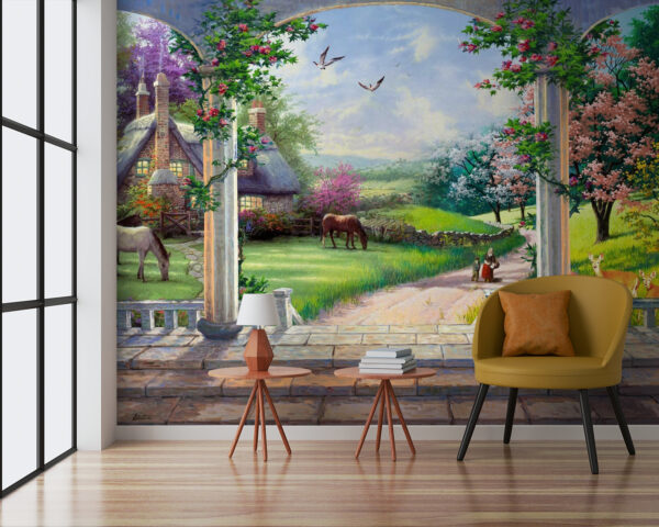 Pintura de uma paisagem com um cavalo e uma casa Pintura de uma paisagem com um cavalo e uma casa