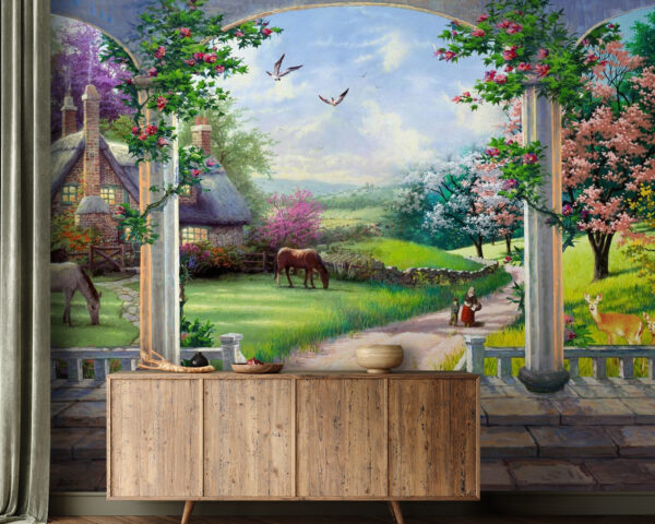 Pintura de uma paisagem com um cavalo e uma casa Pintura de uma paisagem com um cavalo e uma casa