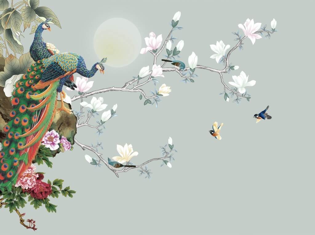 Pássaro num ramo com flores e pássaros Pássaro num ramo com flores e pássaros