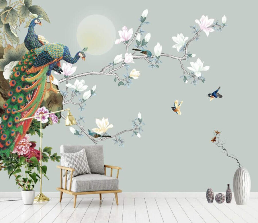 Pássaro num ramo com flores e pássaros