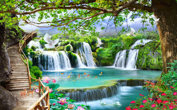 Cascata com pássaros e uma ponte Cascata com pássaros e uma ponte