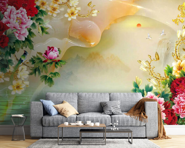 Pintura de flores e cisnes Papel de parede Pintura de flores e cisnes