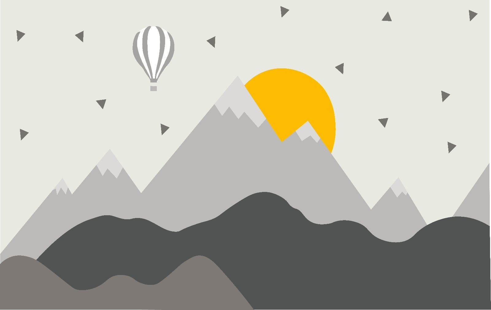 Mountain landscape with a hot air balloon and a sun Mountain landscape with a hot air balloon and a sun