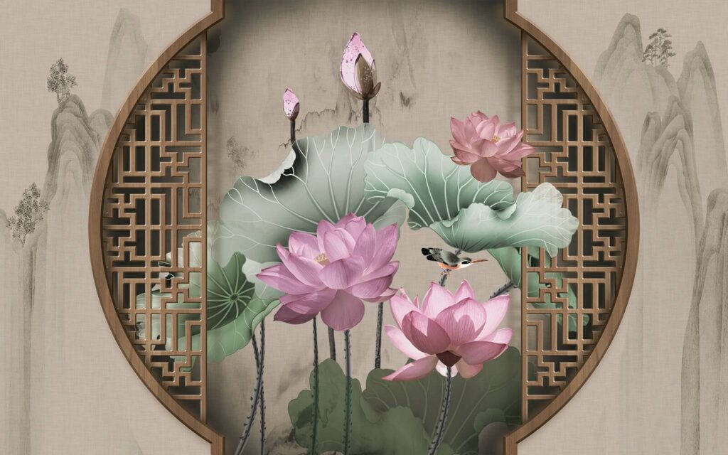 Papel de parede com flores e folhas cor-de-rosa Papel de parede com flores e folhas cor-de-rosa