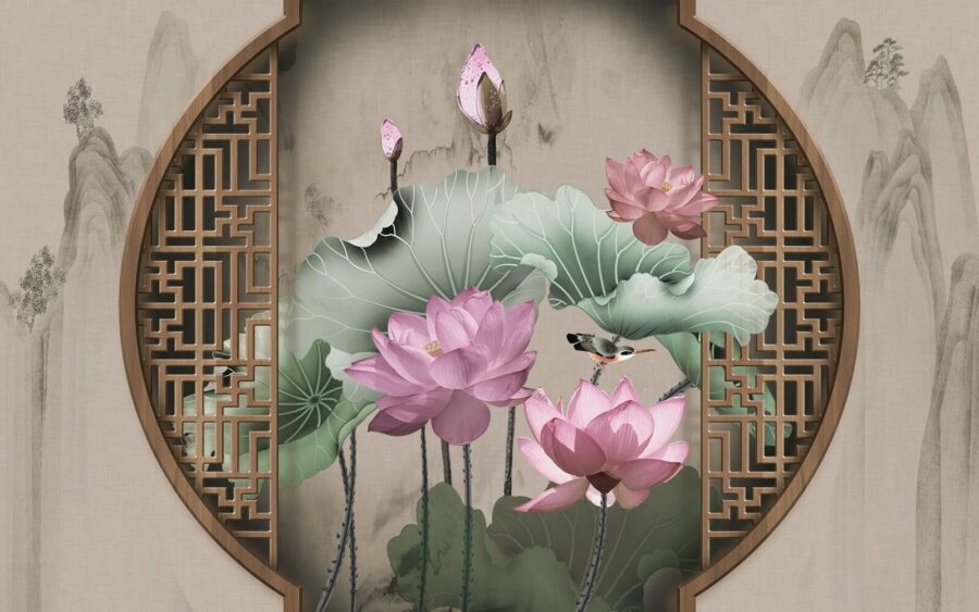 Papel de parede Papel de parede com flores e folhas cor-de-rosa - Image 2