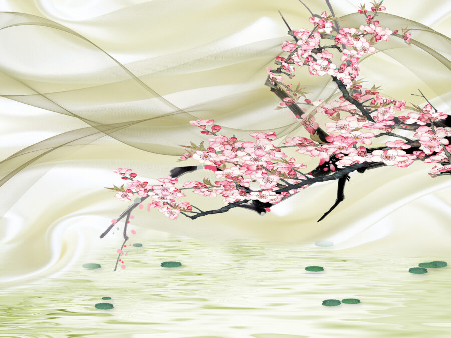 Papel de parede Pintura de um ramo com flores cor-de-rosa - Image 2