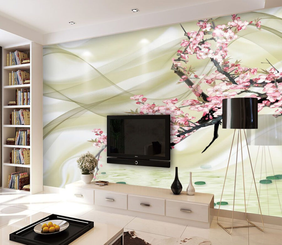 Papel de parede Pintura de um ramo com flores cor-de-rosa