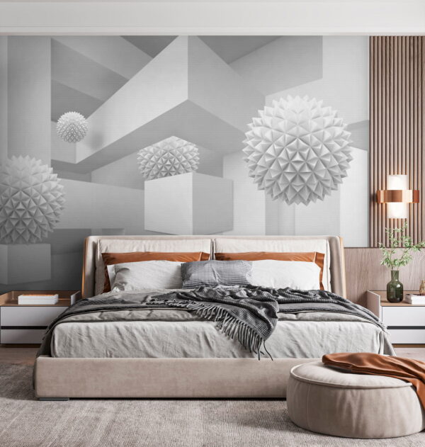 Quarto branco com bolas brancas Quarto branco com bolas brancas