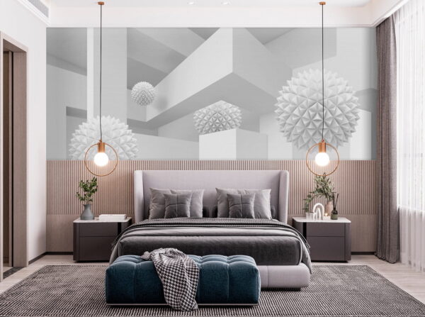 Quarto branco com bolas brancas Quarto branco com bolas brancas