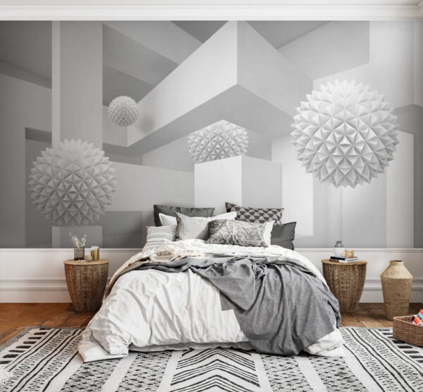 Quarto branco com bolas brancas Quarto branco com bolas brancas