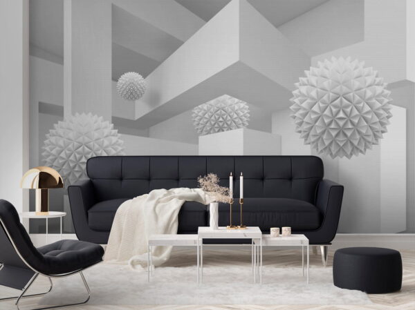 Quarto branco com bolas brancas Quarto branco com bolas brancas