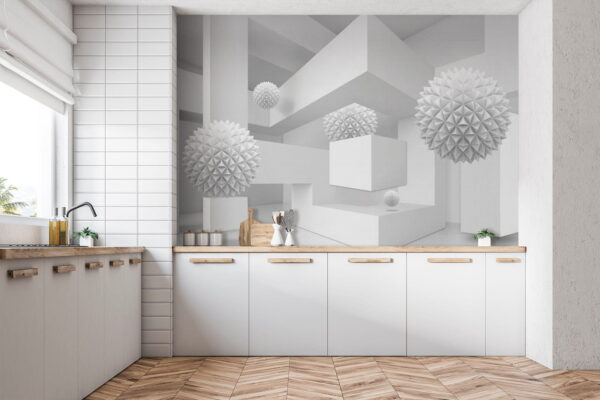 Quarto branco com bolas brancas Quarto branco com bolas brancas