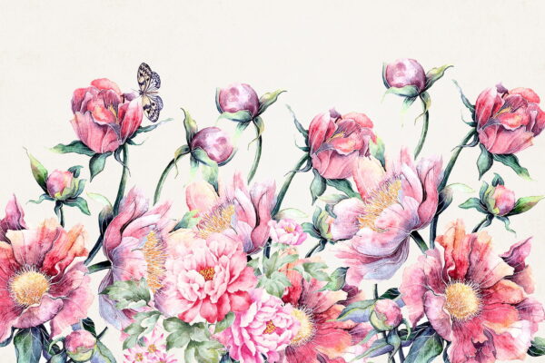 Pintura a aguarela de flores e uma borboleta Pintura a aguarela de flores e uma borboleta