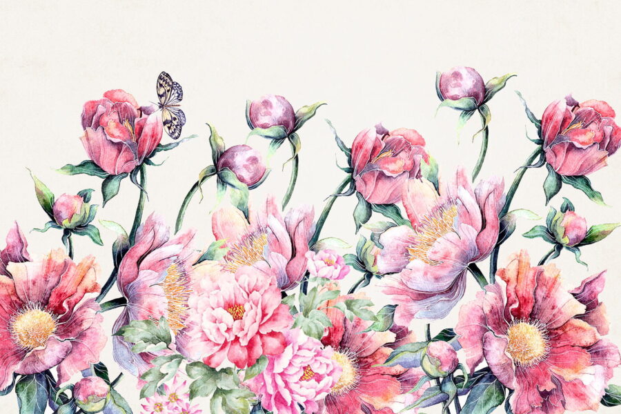 Papel de parede Pintura a aguarela de flores e uma borboleta - Image 2