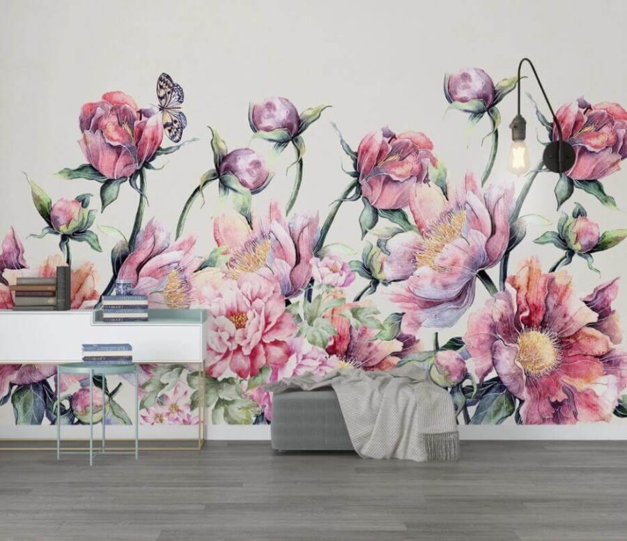 Papel de parede Pintura a aguarela de flores e uma borboleta