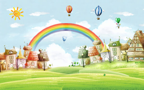 Paisagem de banda desenhada com um arco-íris e casas Paisagem de banda desenhada com um arco-íris e casas