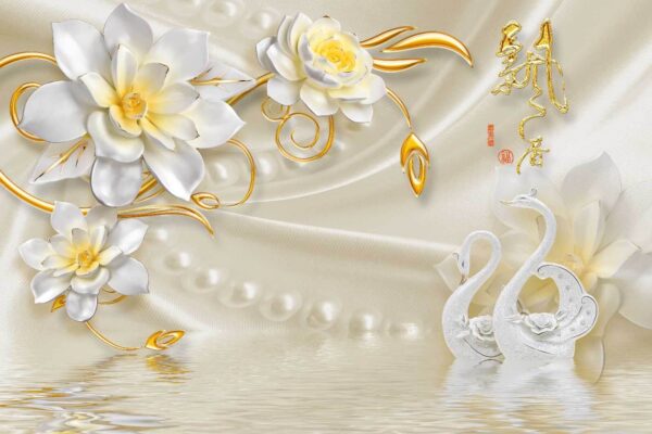 Papel de parede com cisnes e flores Papel de parede com cisnes e flores