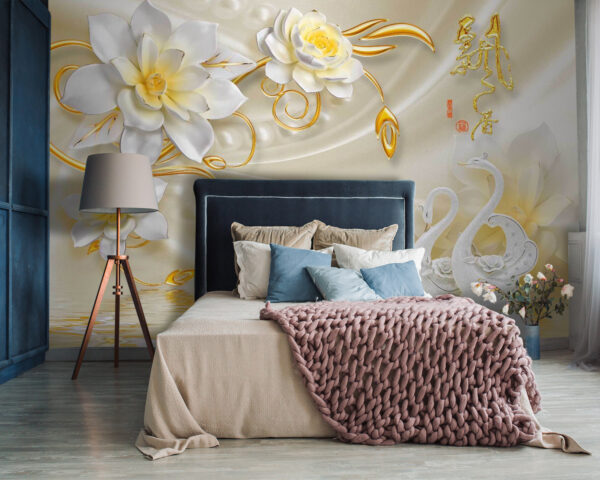 Papel de parede com cisnes e flores Papel de parede com cisnes e flores