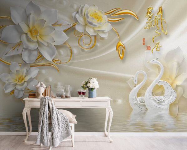 Papel de parede com cisnes e flores Papel de parede com cisnes e flores