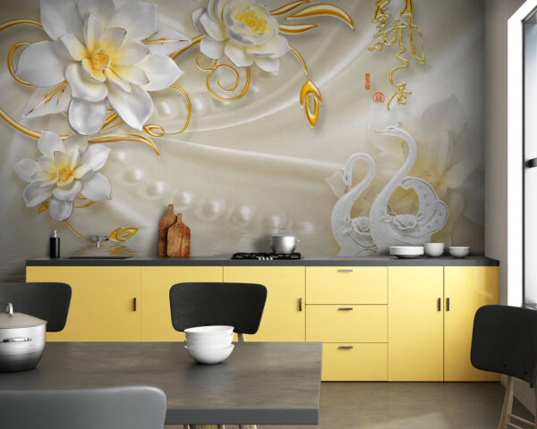 Papel de parede com cisnes e flores Papel de parede com cisnes e flores