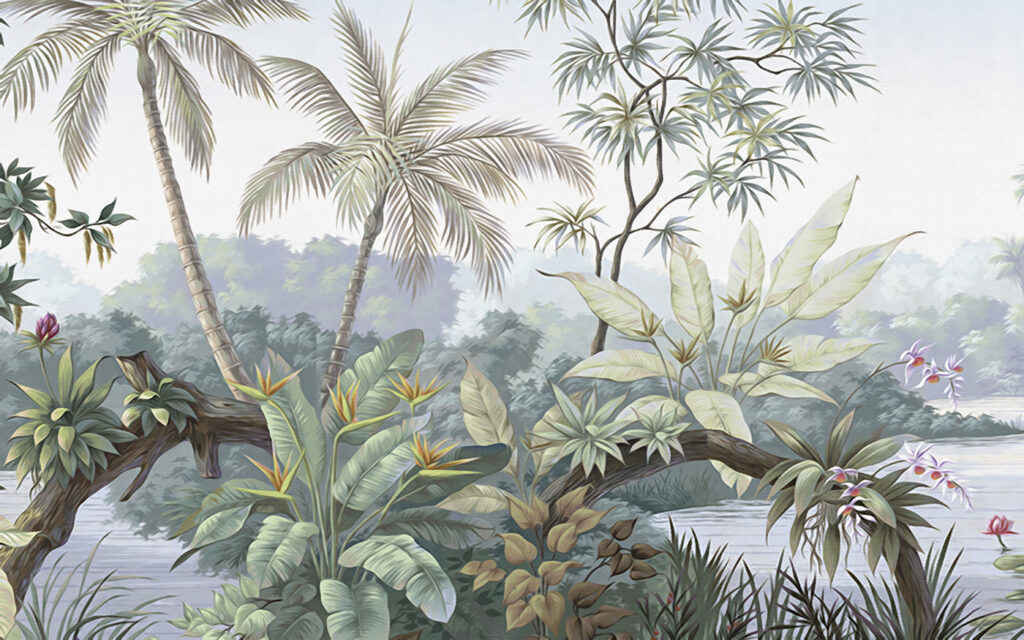 Um mural de uma floresta com árvores e água Um mural de uma floresta com árvores e água