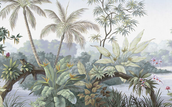 Um mural de uma floresta com árvores e água Um mural de uma floresta com árvores e água