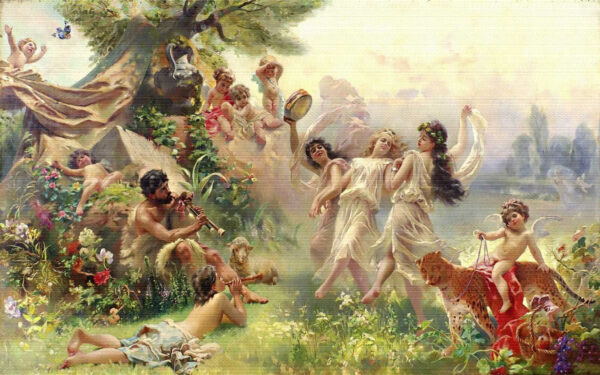 Pintura de pessoas a dançar numa floresta Pintura de pessoas a dançar numa floresta
