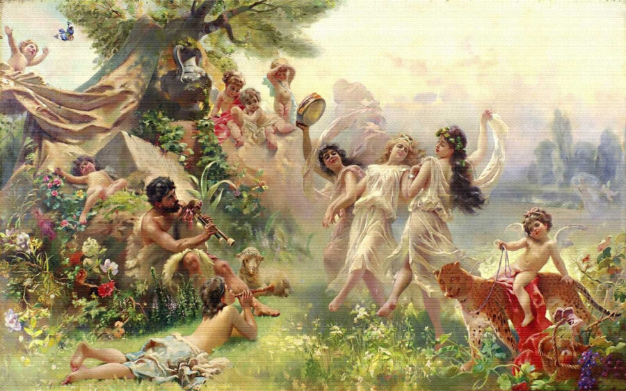 Pintura de pessoas a dançar numa floresta Pintura de pessoas a dançar numa floresta