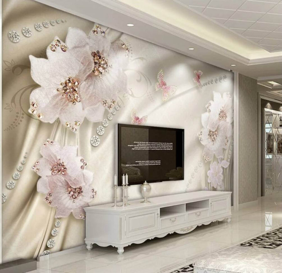 Papel de parede com flores e borboletas