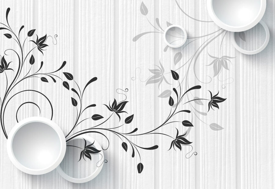Parede branca com flores pretas e brancas