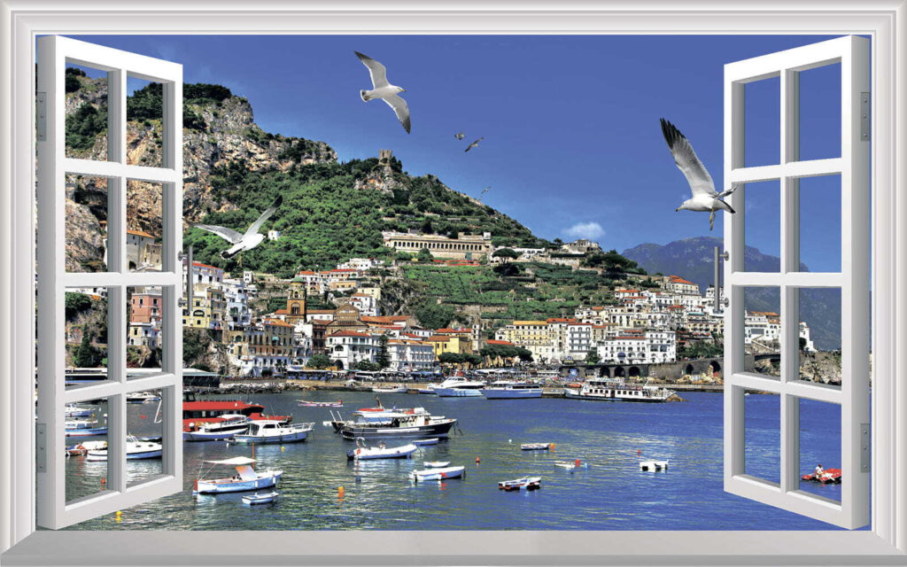 Janela com vista para uma cidade e barcos Janela com vista para uma cidade e barcos