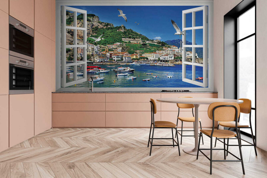 Janela com vista para uma cidade e barcos