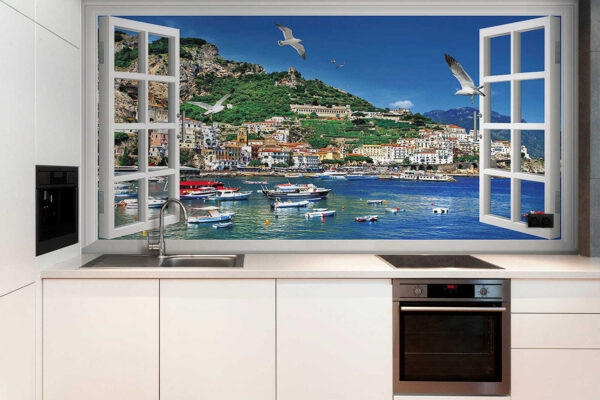Janela com vista para uma cidade e barcos Janela com vista para uma cidade e barcos