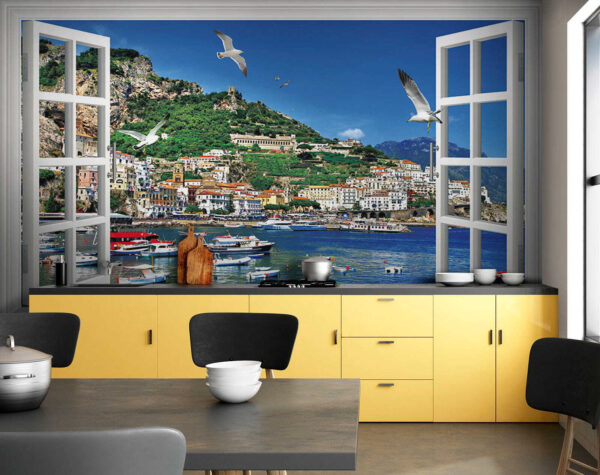 Janela com vista para uma cidade e barcos Janela com vista para uma cidade e barcos