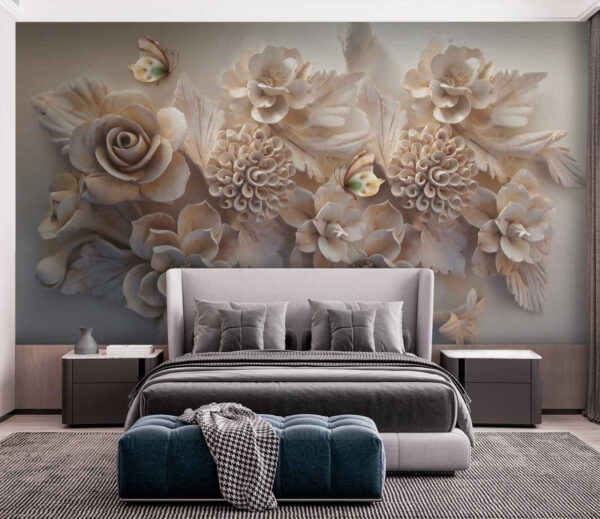 Group of white flowers and butterflies