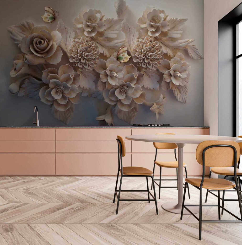 Group of white flowers and butterflies