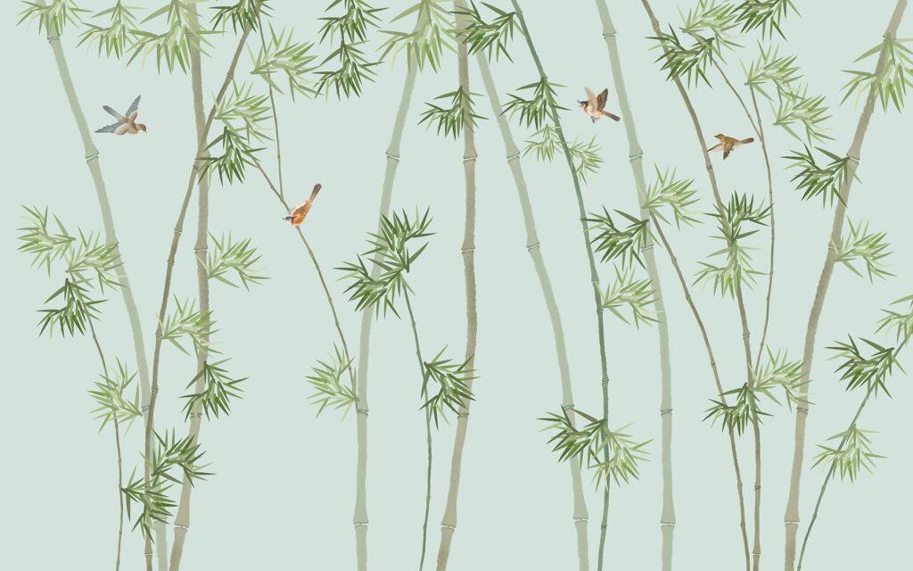 Papel de parede com ramos de bambu e pássaros Papel de parede com ramos de bambu e pássaros