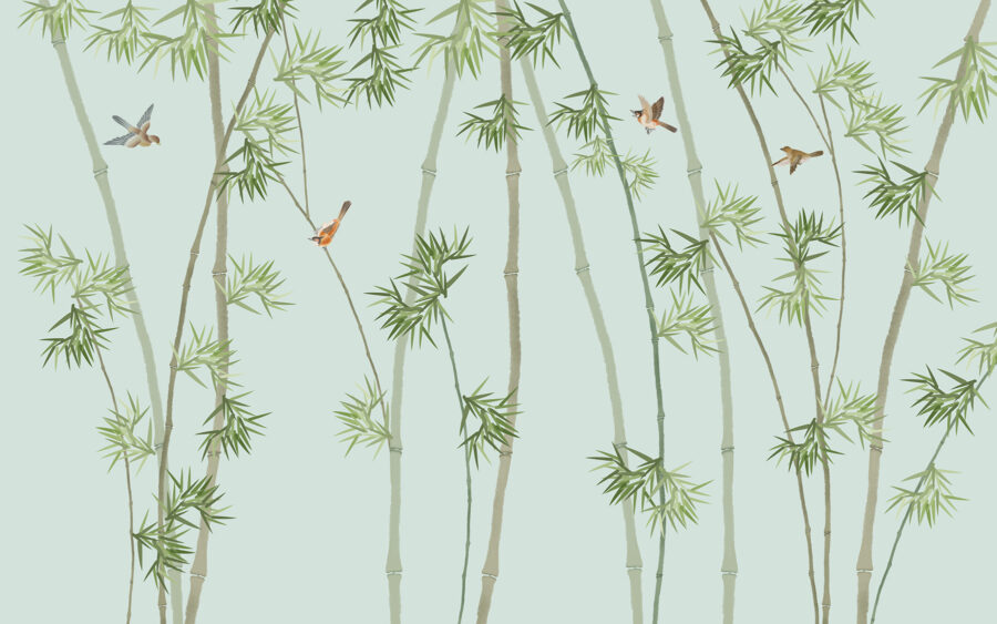 Papel de parede com ramos de bambu e pássaros