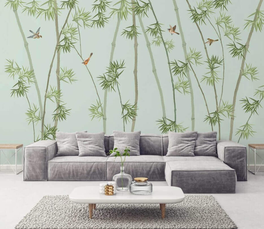 Papel de parede com ramos de bambu e pássaros