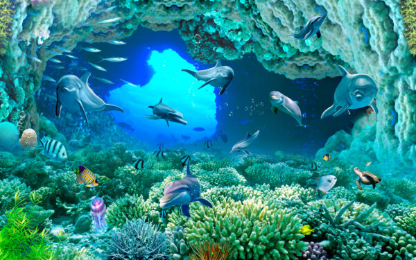 Grupo de golfinhos e peixes debaixo de água Grupo de golfinhos e peixes debaixo de água