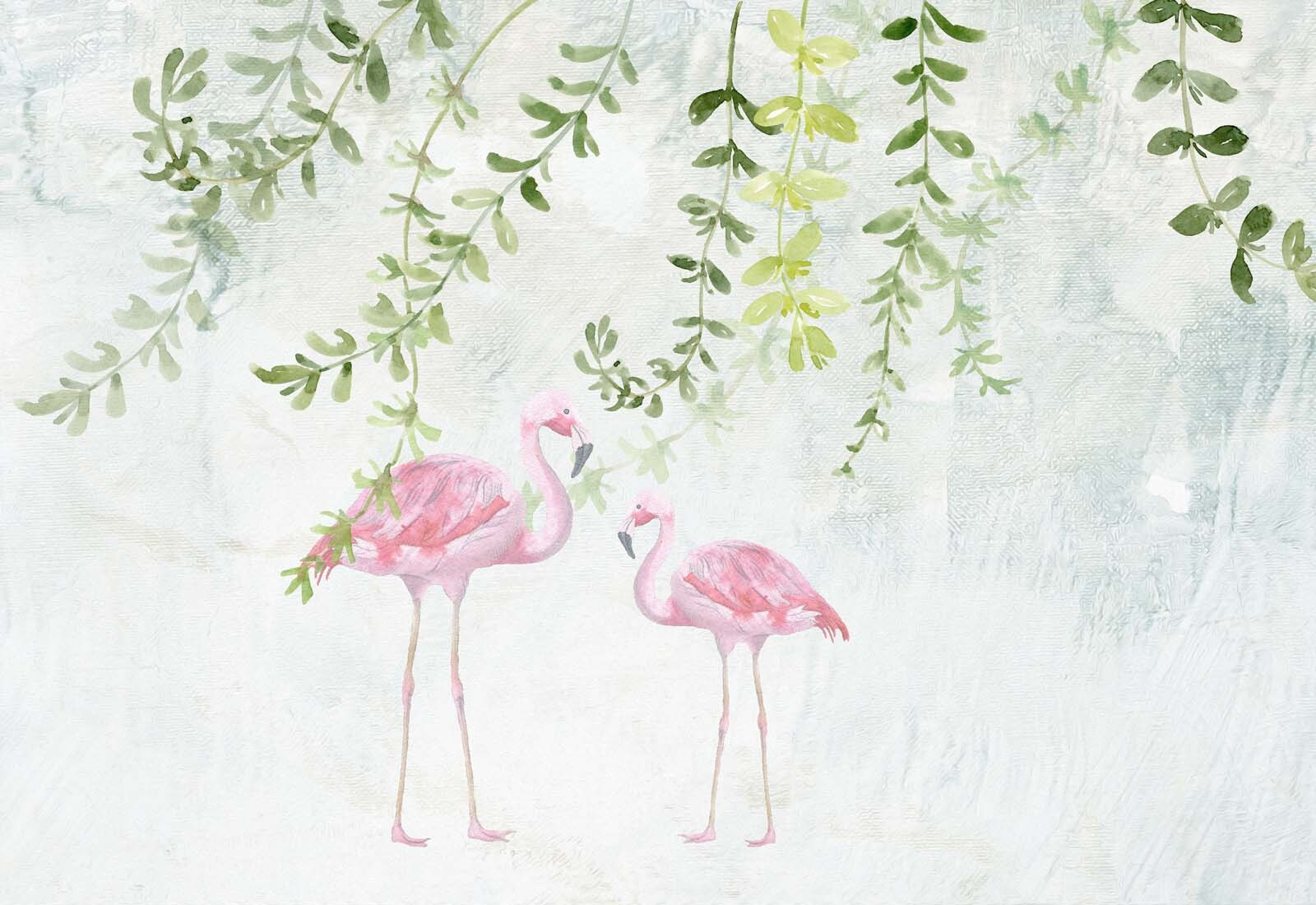 Dois flamingos cor-de-rosa com folhas verdes u19802p - Dois flamingos cor-de-rosa com folhas verdes - tegory