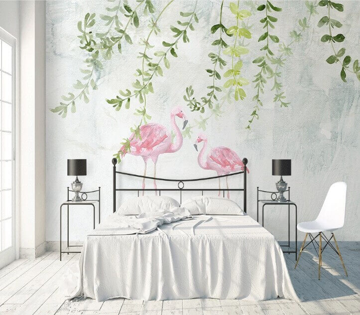 Dois flamingos cor-de-rosa com folhas verdes u19802pib1m - Dois flamingos cor-de-rosa com folhas verdes - tegory