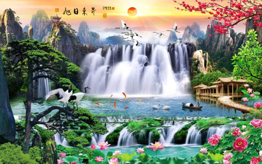 Cascata com pássaros e flores