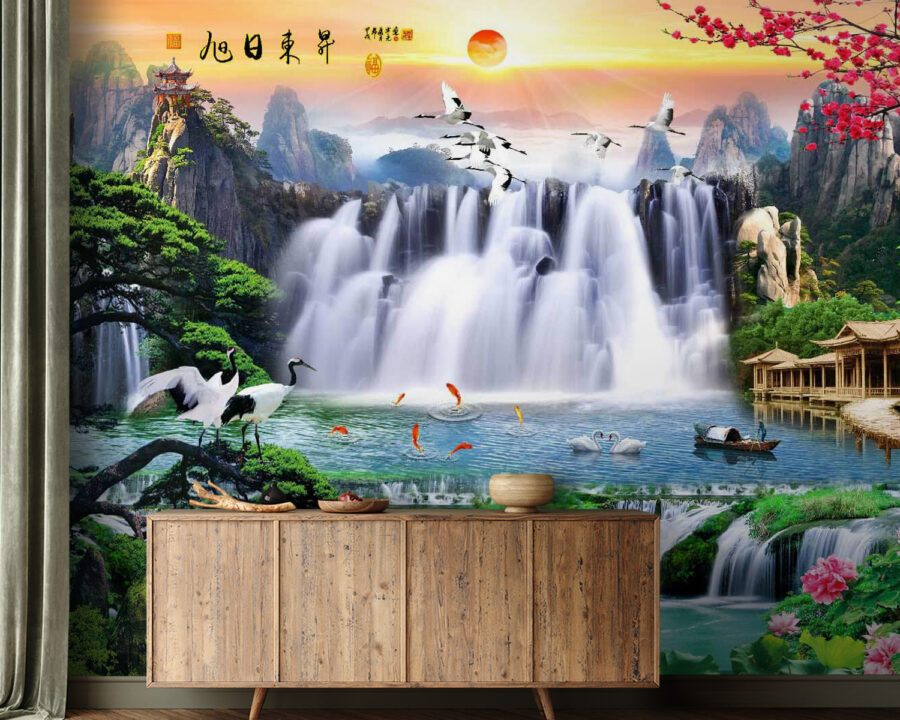 Cascata com pássaros e flores