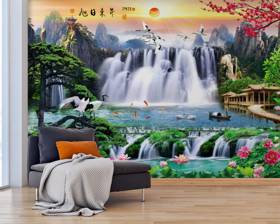 Cascata com pássaros e flores